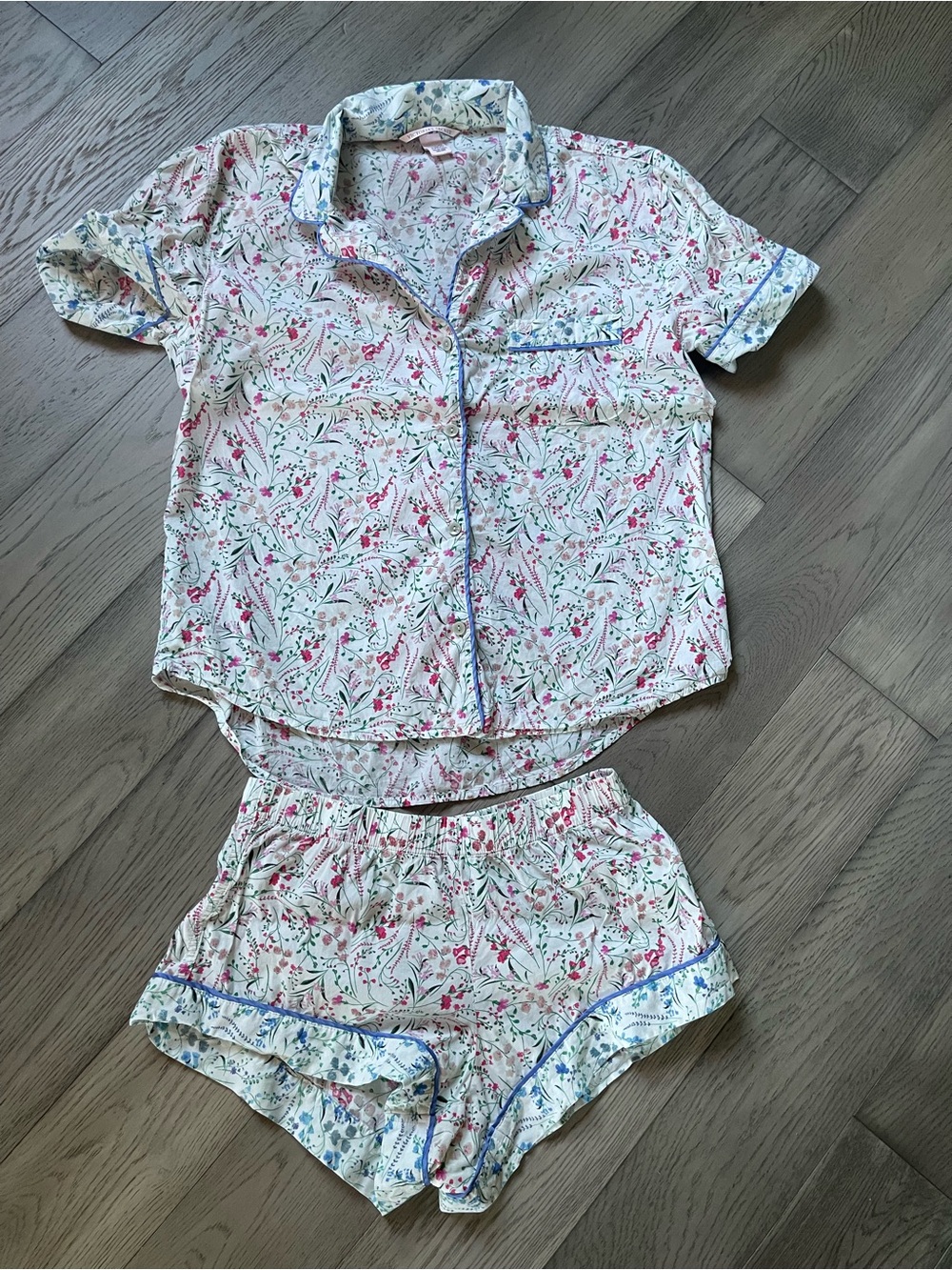 Victoria's Secret White Floral Pajama Set with Pink and Blue Accents